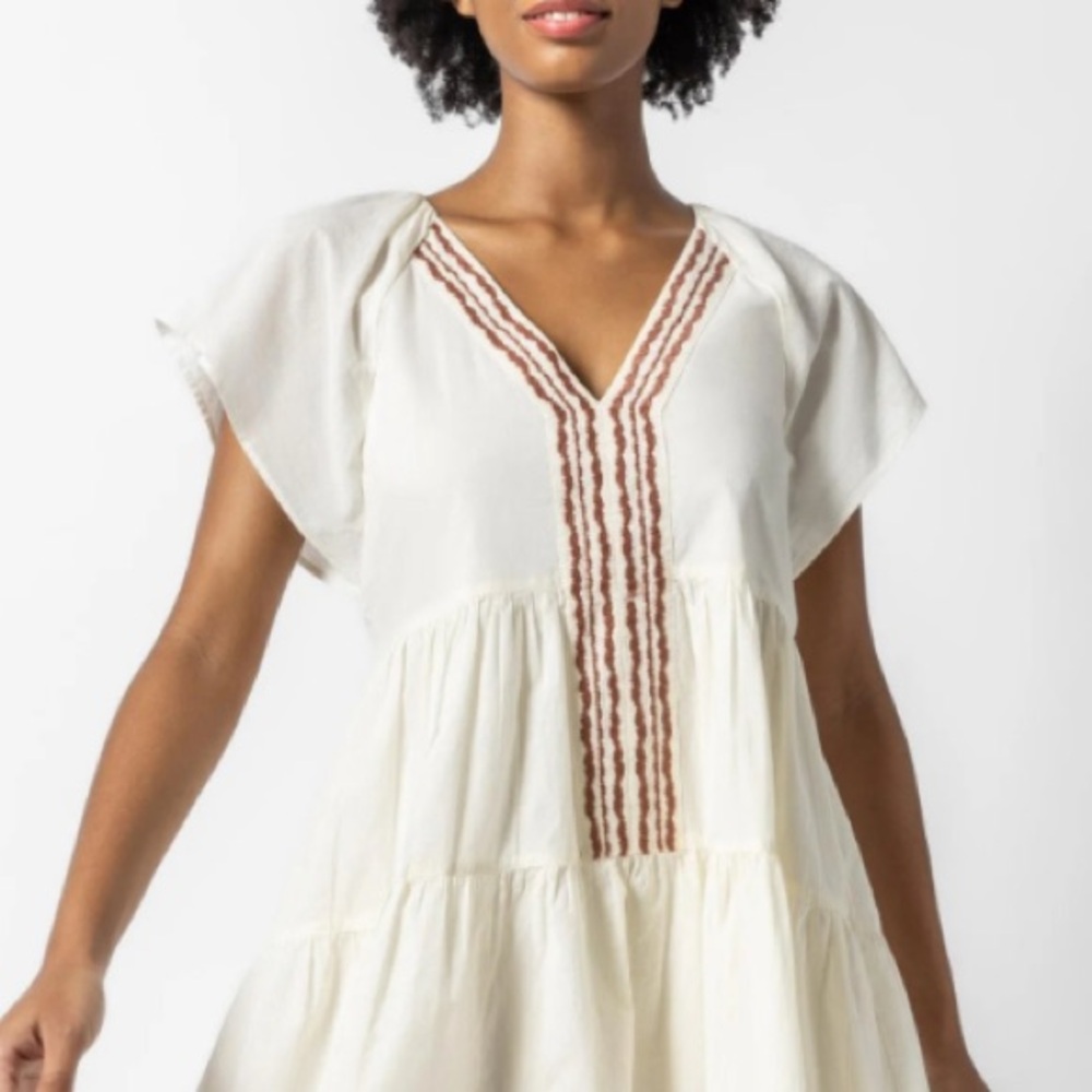 NWT Lilla P Flutter Sleeve Tiered Dress in Ecru - Picture 3 of 15
